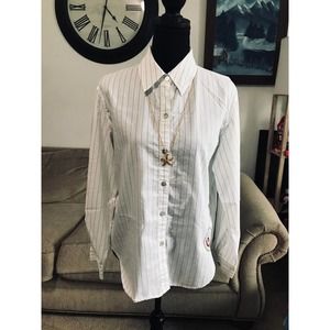CHICO'S  WOMEN'S LONG SLEEVES  WHITE STRIPED EMBROIDERED FLORAL BUTTON UP  1